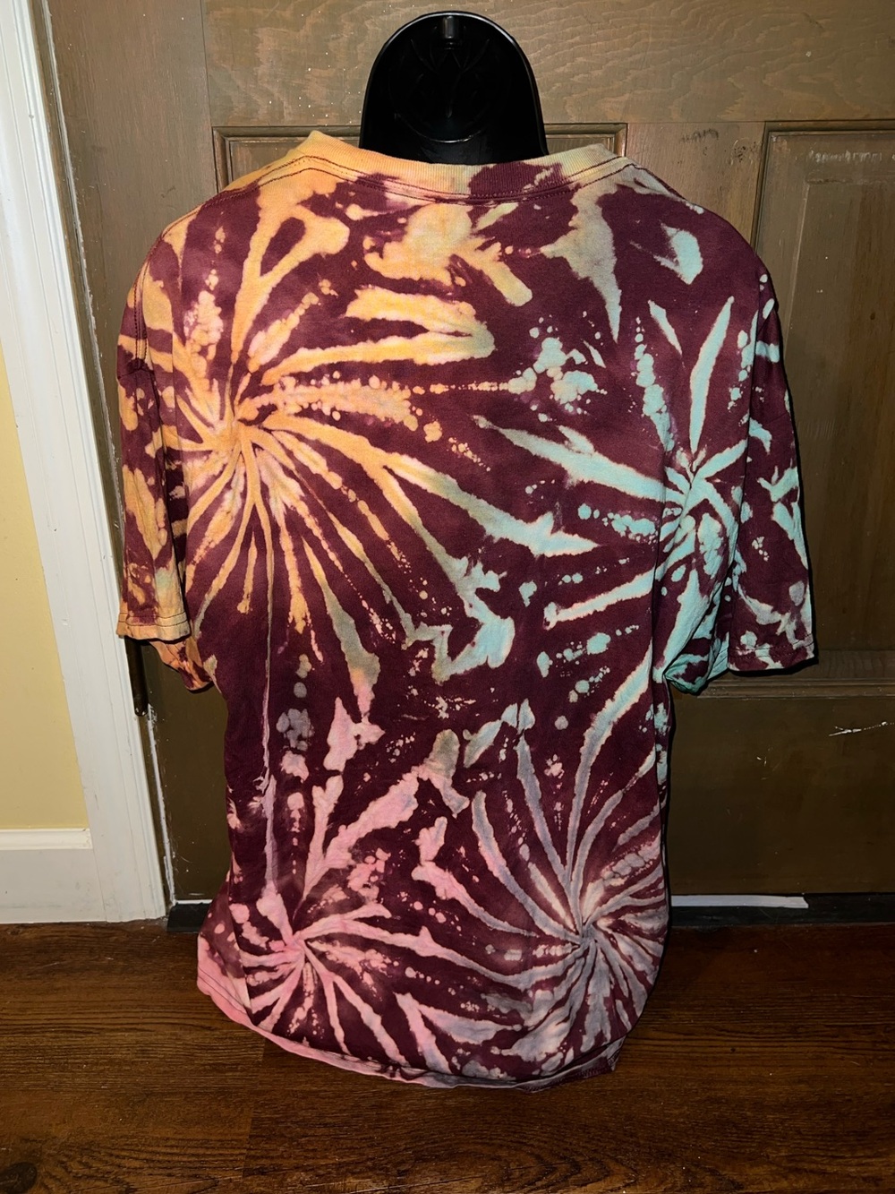 Burgundy Multicolor Tie Dye Firework Retro Handmade Short Sleeve Shirt Size XL - Picture 7 of 10